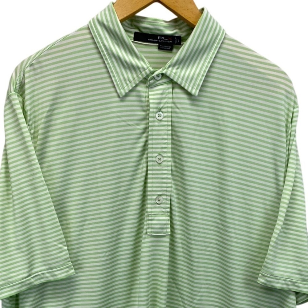 RLX Golf Ralph Lauren Performance Men's L Green White Stripe‎ Polo Shirt Wicking
